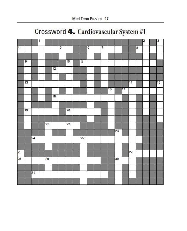Medical terminology crossword puzzle grid. This medical term crossword puzzle is about the cardiovascular system.  It is just one of the 19 medical terminology crosswords in the book.
