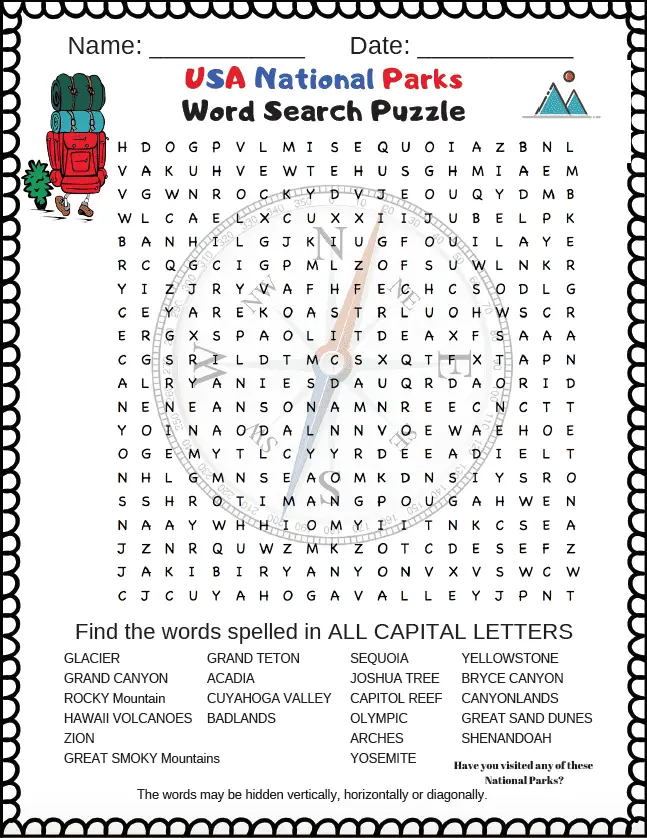 National Parks Word Search Puzzle for Kids - USA National Parks. It is a free printable PDF word search for kids (adults will like it too)