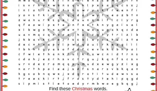 Christmas word search puzzle printable PDF