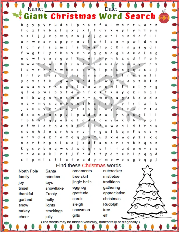 Christmas word search puzzle printable PDF
