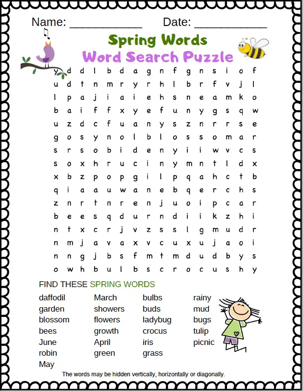Free printable spring word search puzzle for kids. They'll love this spring word search pdf as much as you love the arrival of spring.