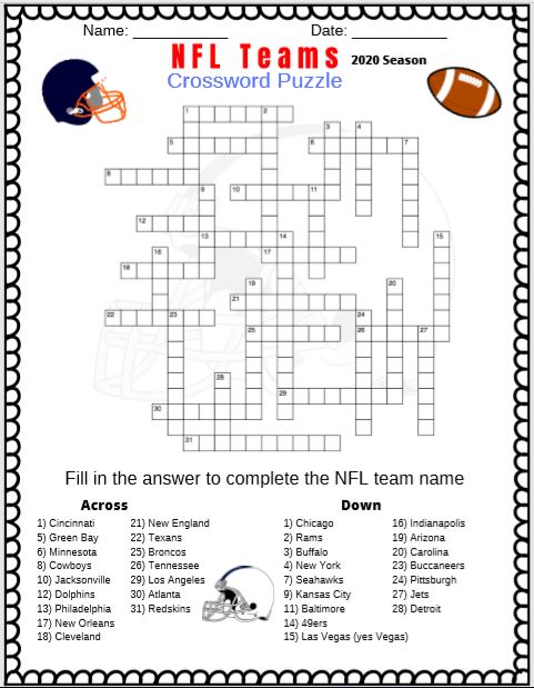 NFL Football Teams Crossword Puzzle Free Printable PDF Puzzletainment Publishing