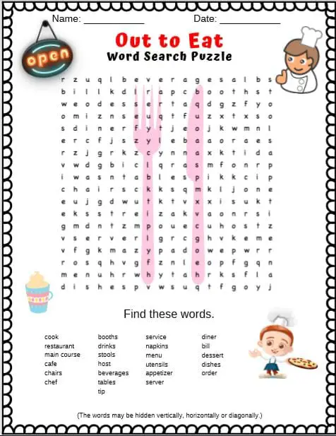 Out to Eat Word Search puzzle for kids - what the puzzle looks like