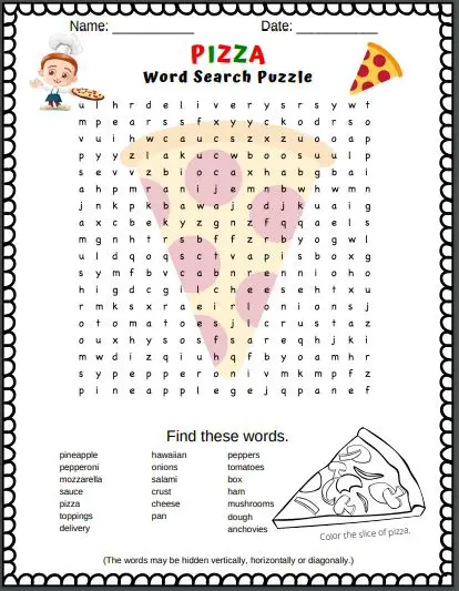 Pizza Word Search Puzzle - image of what the puzzle looks like. If your child loves word searches they'll love this printable pizza puzzle.