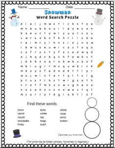snowman word search puzzle for kids preview