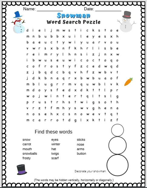 snowman word search puzzle for kids preview. It is a free printable PDF word search puzzle for kids