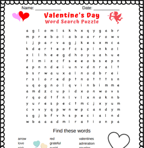 Valentine's Day word search printable PDf
