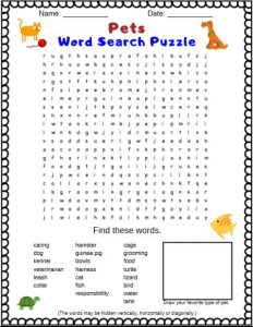 Free printable pets word search puzzle for kids