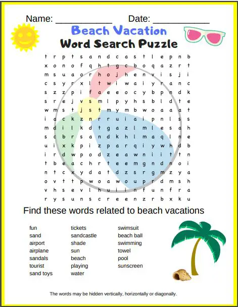 Beach word search puzzle - free printable PDF