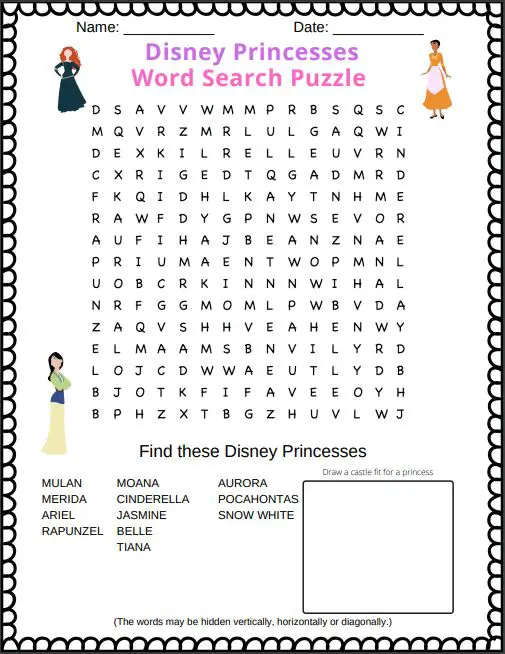 Disney Princesses Word Search Puzzle  free printable PDF (unofficial) - features the 12 official Disney princesses.  A fun Disney word search