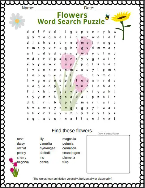 Flowers Word Search Puzzle for kids and adults