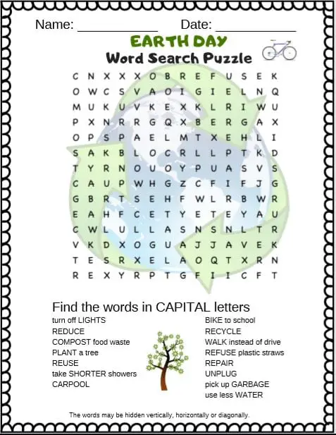 Earth Day Word Search Puzzle for Kids - Free printable PDF Earth Day Word search puzzle