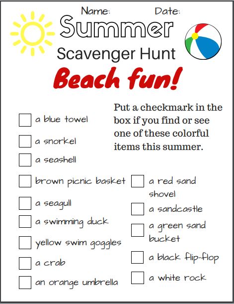 Beach scavenger hunt for kids - free printable PDF beach scavenger hunt