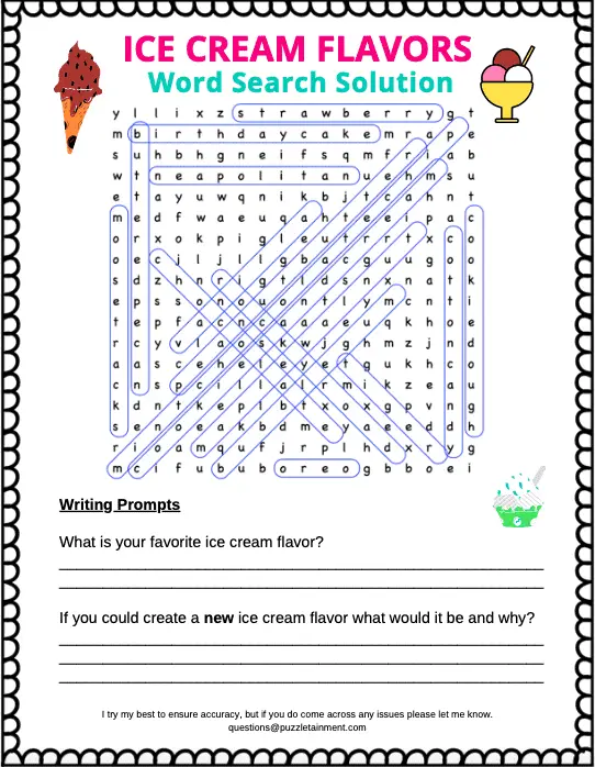 Ice Cream Flavors word search answers