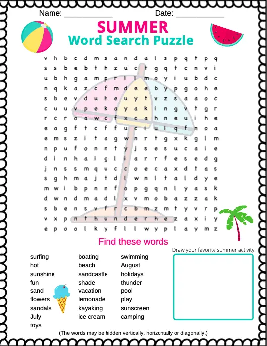 Free printable Summer word search puzzle for kids  (printable PDF). This summer wordsearch for kids is a great way to keep them busy this summer. 