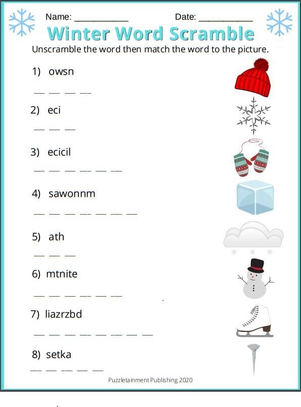 Winter Word Scramble printable PDF for Kids (Grades 2 & 3)