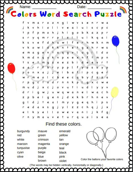 Colors word search puzzle PDF printable. It is free so kids can enjoy the word search at no charge,.
