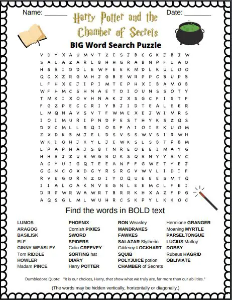 Harry Potter and the Chamber of Secrets Word Search Puzzle. It is a free printable PDF featuring 31 Harry Potter words from his second year at Hogwarts.