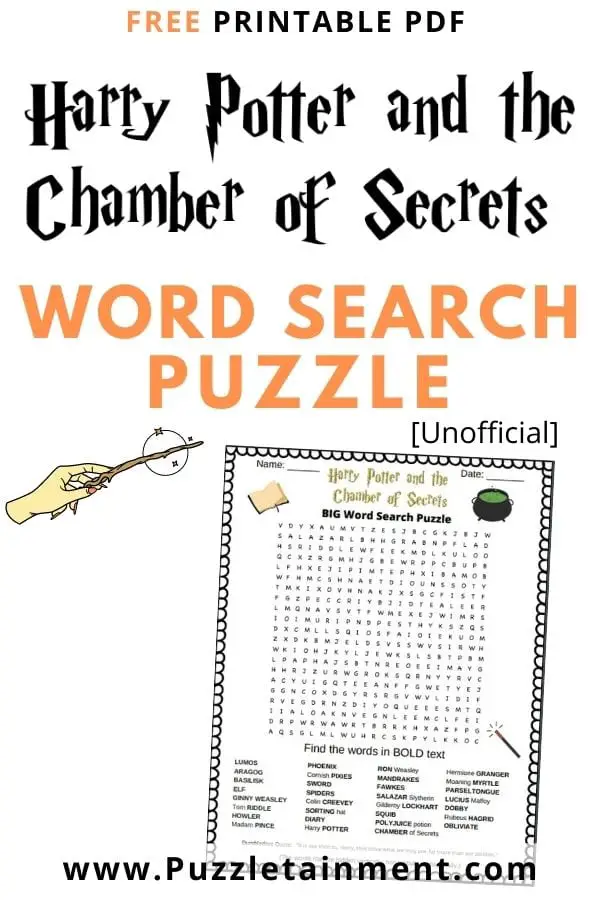 Harry Potter and the Chamber of Secrets Word Search Puzzle [unofficial]. It is a free printable PDF