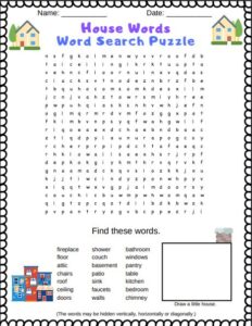 house word search puzzle - words related to things in a house