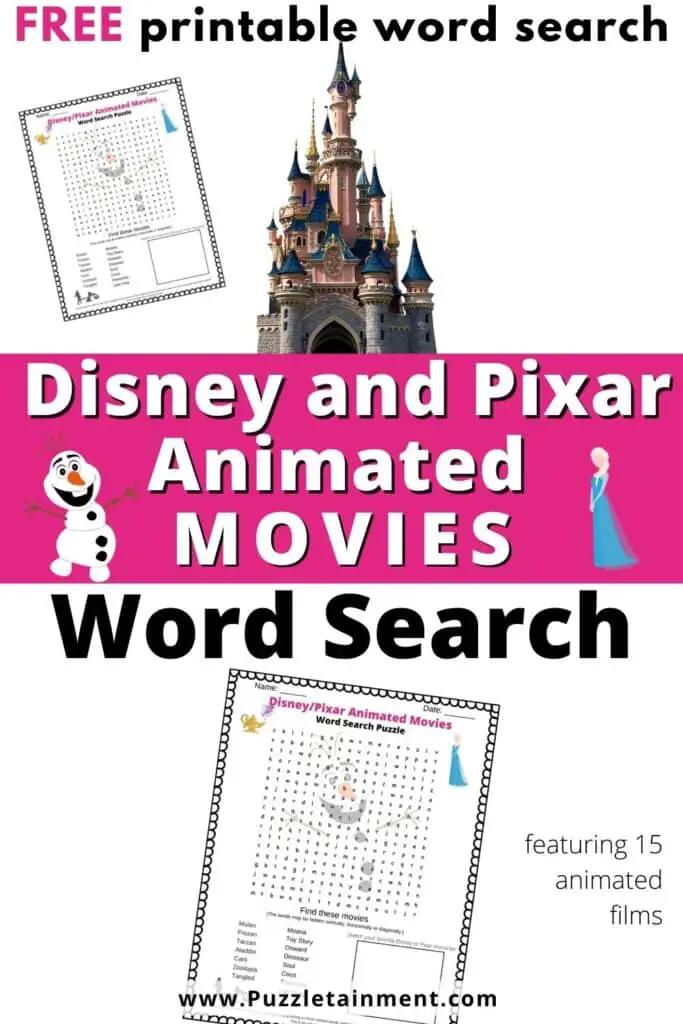 Disney word search - animated movies from disney and pixar word search. Free printable for kids