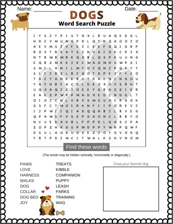 Word Search about Dogs screenshot of what the printable PDF looks like.