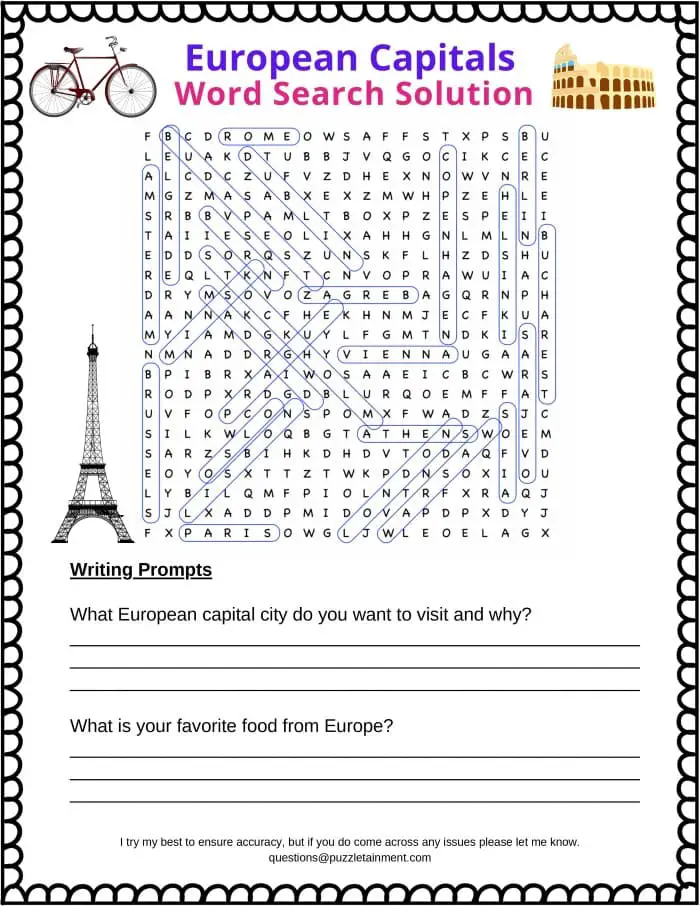 European Capital Cities word search answer page featuring writing prompts