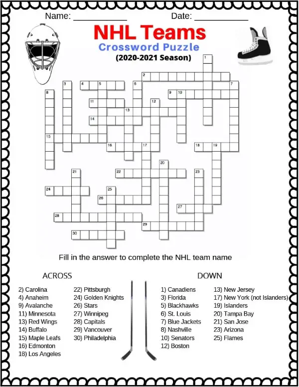 NHL Hockey Teams Crossword - free printable crossowrd for Kids