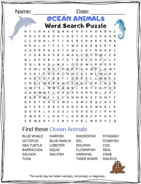 Ocean Animals word search - free printable word search for kids
