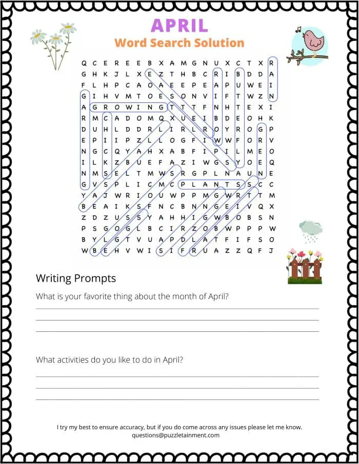 APril word search puzzle answer page