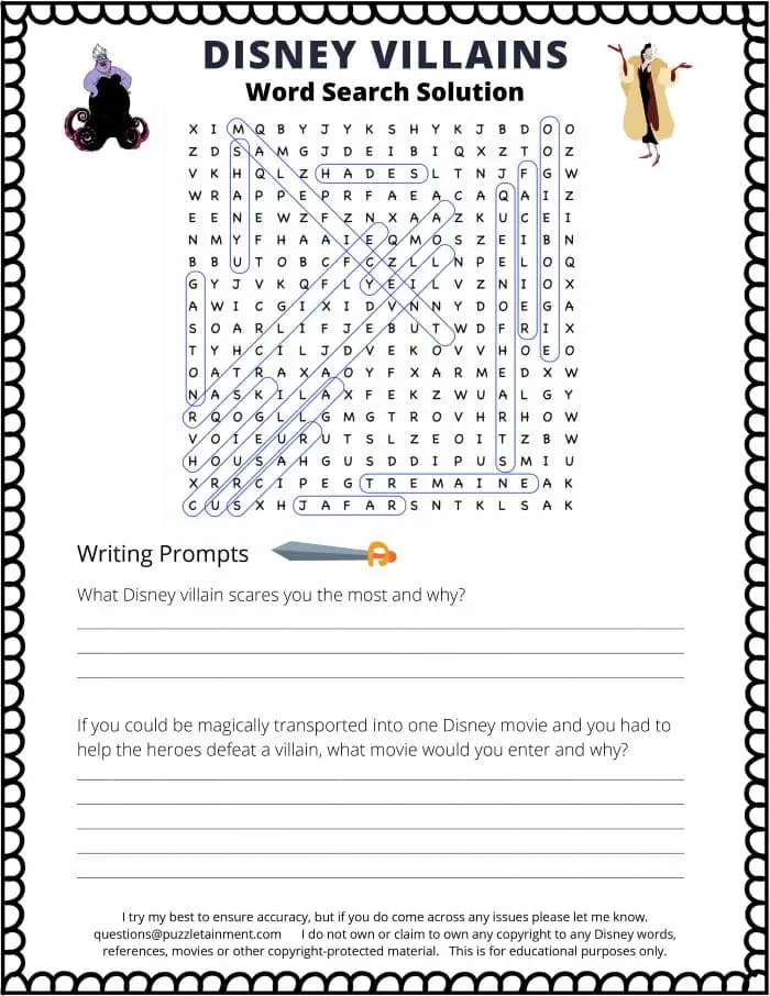 Disney villains word search answer page. Plus, it has two writing prompts for children.
