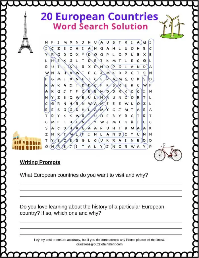 Countries of Europe word search answers