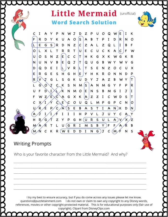 Little Mermaid word search puzzle solutions - printable word search for kids