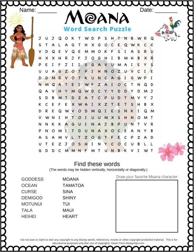 Moana word search puzzle for kids. Free printable PDF word search