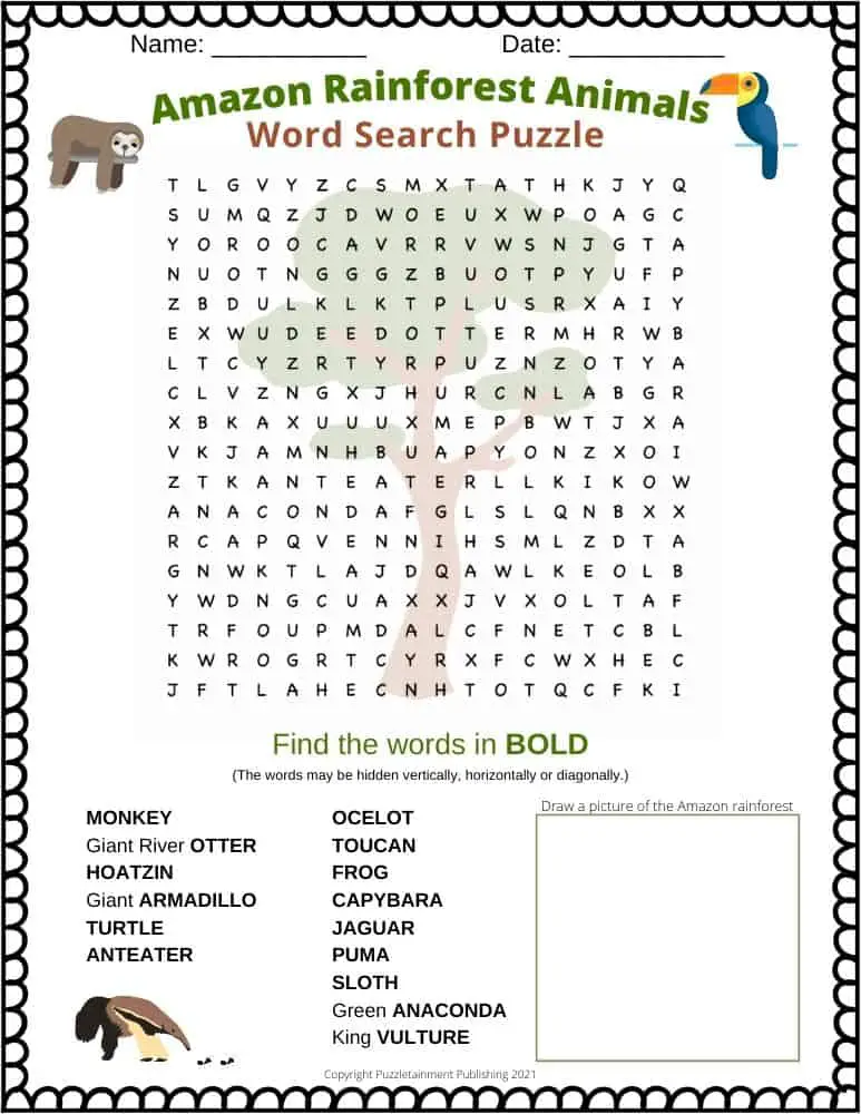 Amazon Rainforest Animals Word Search [free printable PDF] - Puzzletainment  Publishing