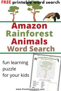 Amazon Rainforest animals word search puzzle for kids