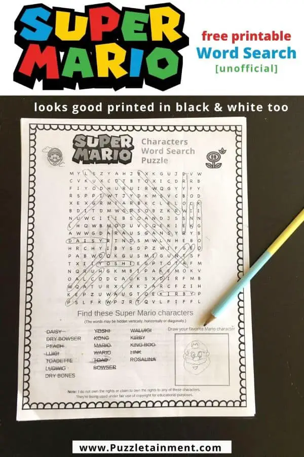 Super Mario word search printed in black ink. This video game word search features 18 characters from the Super Mario video games.