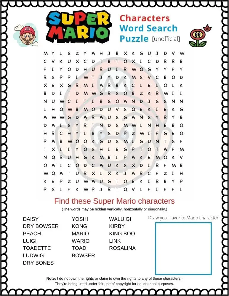 Super Mario Word Search Puzzle - featuring characters from the Super Mario video games including Luigi, Bowser, Wario, Yoshi and more...