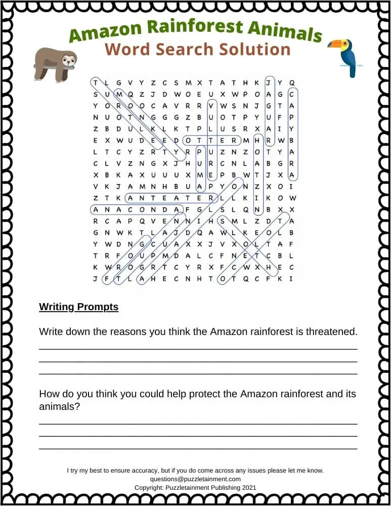 Amazon rainforest animals word search puzzle answers