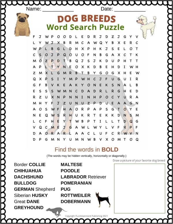 Dog Breeds word search puzzle printable PDF