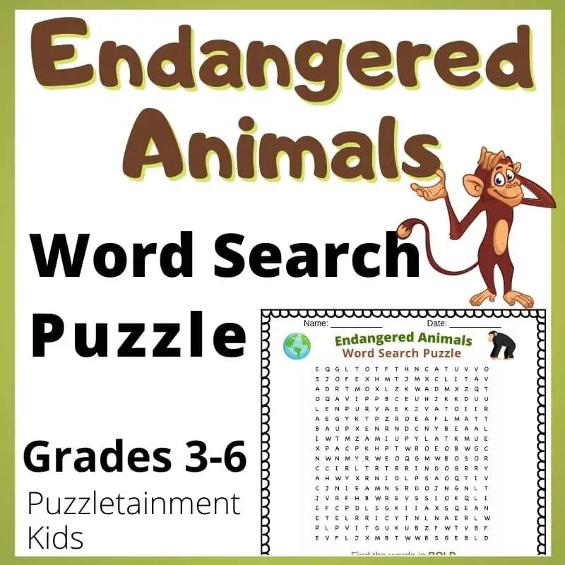 Endangered animals word search puzzle for kids from Puzzletainment