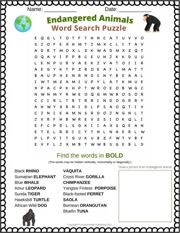 Endangered Species Animals Word Search for Kids