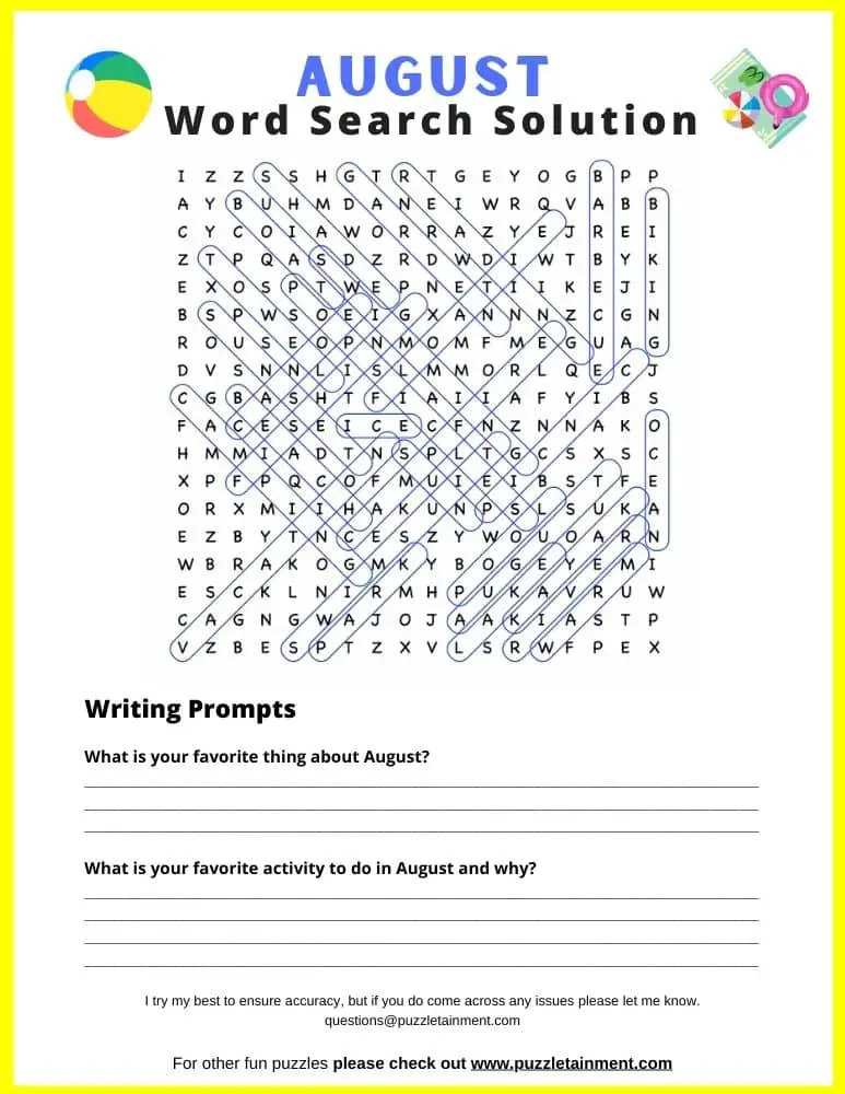 August Word Search puzzle answers (the answers are on page 2 of the PDF)