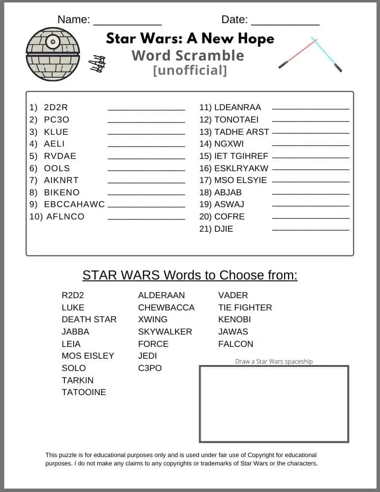 Star Wars Word Scramble - words from A New Hope movie.  Free printable PDf