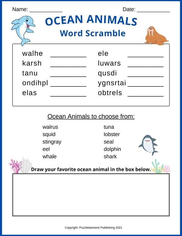 Ocean Animals word scramble PDF for kids