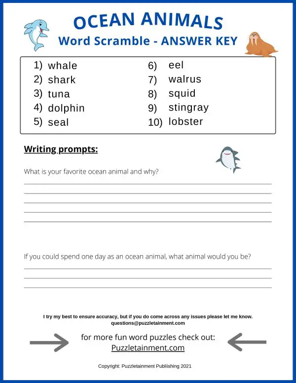 Ocean Animals word scramble answer page