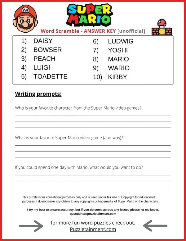 Super Mario word scramble answer and writing prompts for kids