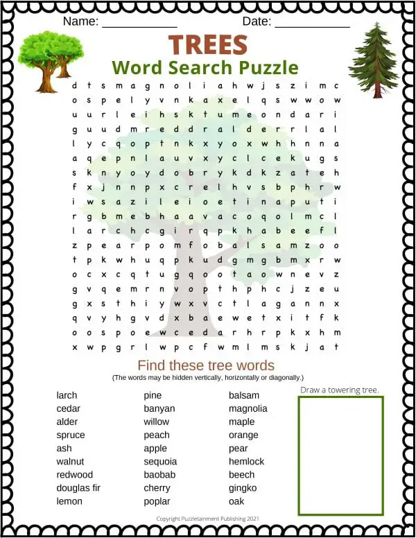 Trees word search puzzle.This is a free printable PDF word search for kids featuring 27 types of trees hidden in the grid.
