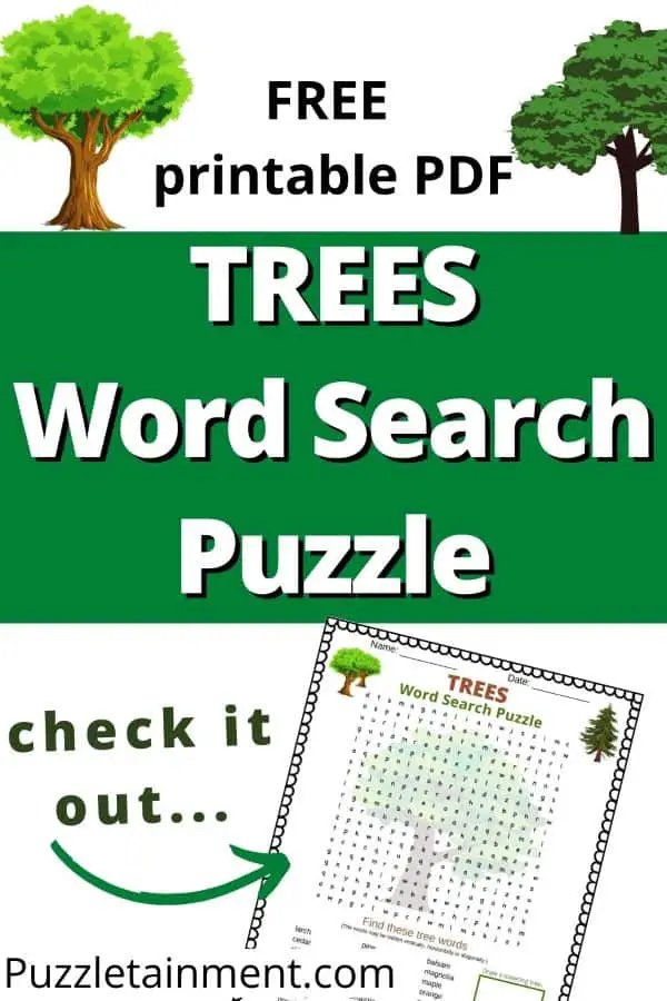 Trees word search puzzle for kids - free printable PDF 