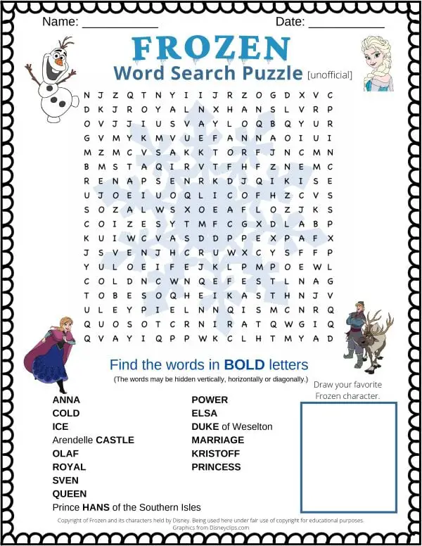 Frozen word search puzzle featuring 15 words from the Frozen 1 movie released in 2013. It is a free printable PDF word search for kids.
